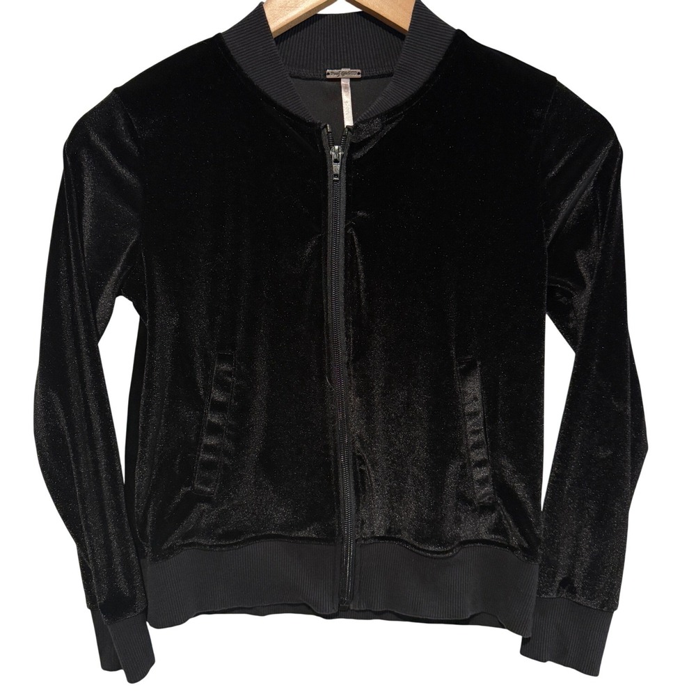 Poof Girl Black Velvet Bomber Jacket Kids Size Large‎ Zip Up Ribbed Cuffs